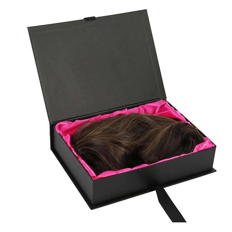 Custom Logo Black Wig Packaging Box With Silk Satin Lined Luxury Magnetic Packaging Box For Hair Extension