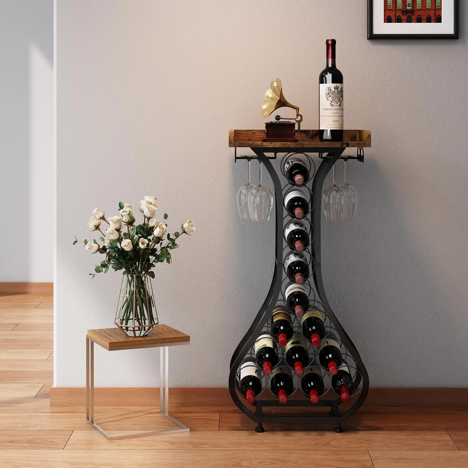 Wine Rack Freestanding Floor Mini Bar Table Wine Holder Stand Liquor Cabinet with Glass Holder Wood Tabletop 14 Bottles