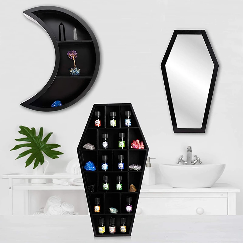 
Large coffin mirror Gothic decoration bedroom or bathroom paired with ghost Gothic coffin moon stand wood wall shelf 