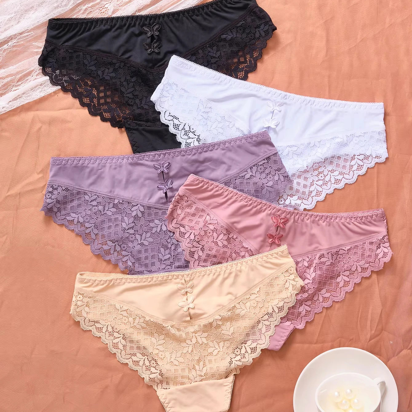 6017 Wholesale 5 Pack Lace Thong Panties Sexy Cotton Blend Underpants Briefs Lace Hollow Out Bikini Lingerie Thong