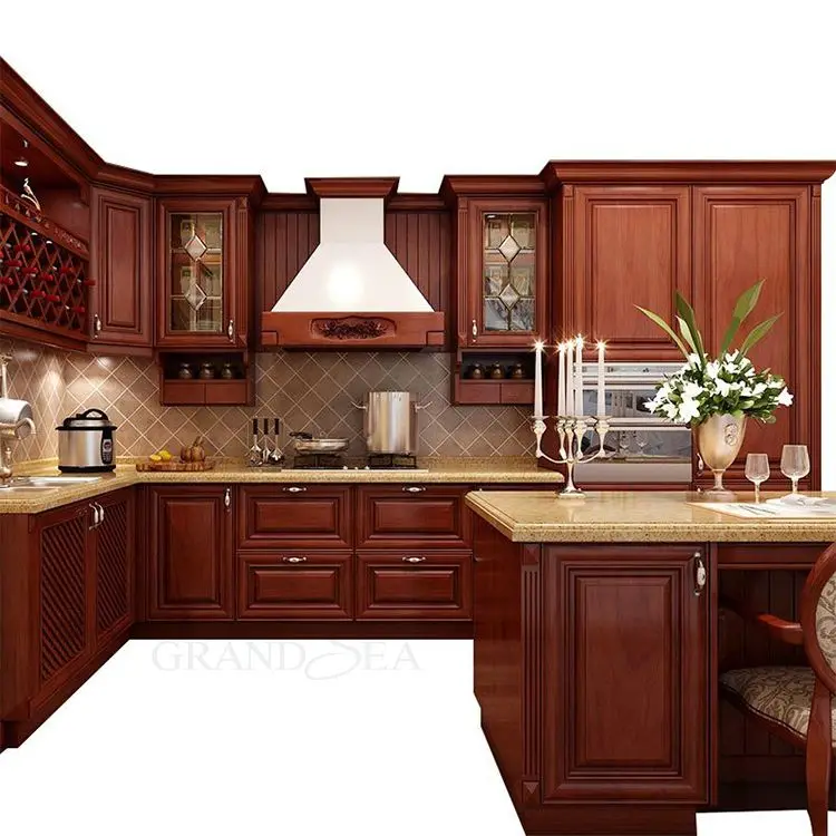 American Classical Style High Quality Espresso Solid Wood Kitchen Cabinet Design