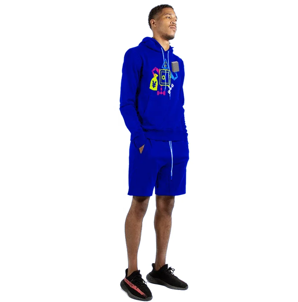 New design OEM Wholesale Summer hoodies gym Fitness mens hoodie short set  robot sweatsuit mens streetwear sets