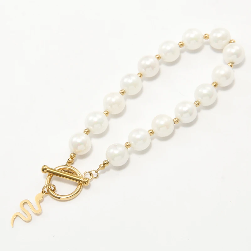 
The Latest Temperament Gold Plated Snake Pendant Stainless Steel Pearl Chain Good Luck Bracelet 