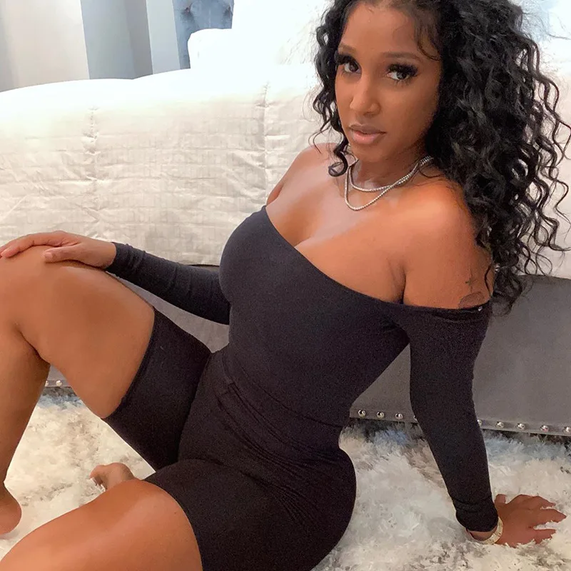 
2021 Summer Sexy Casual Women Long Sleeves Bodycon Off the Shoulder One Piece Short Trousers Bodysuits Jogger Rompers Jumpsuit 