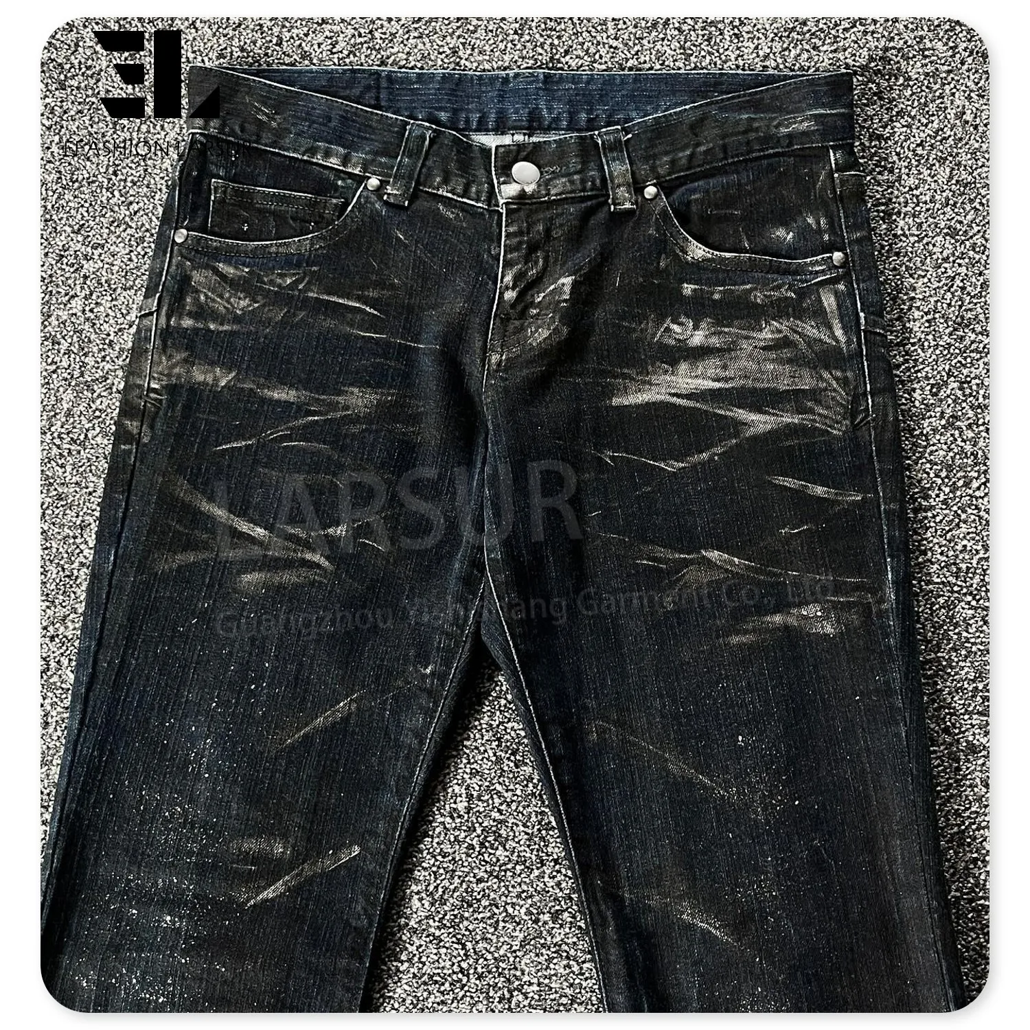 LARSUR Custom factory distress faded wash flare jeans men slim hand dirty wax coated dirty flare denim pants