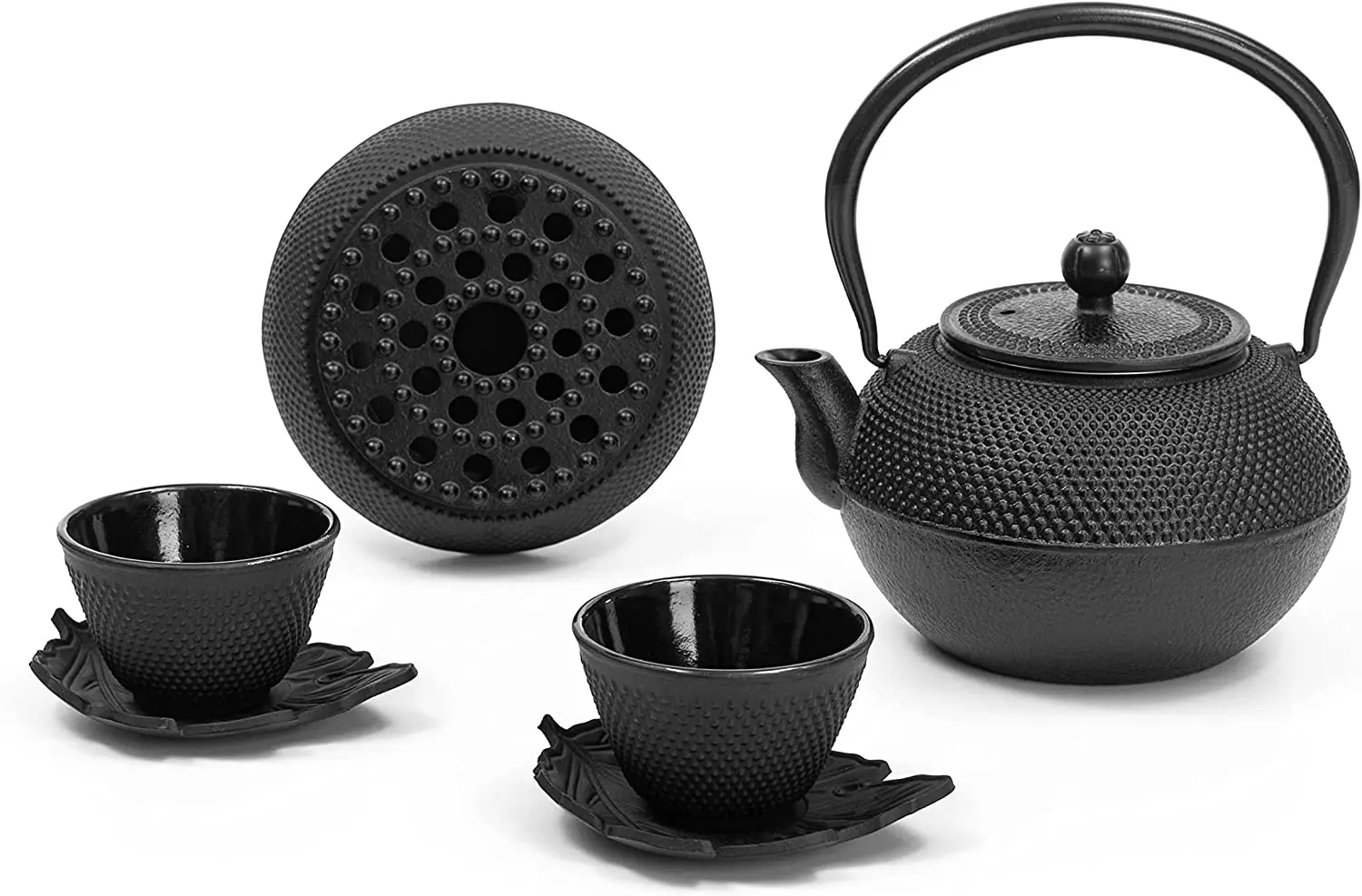 Customized Cast Iron Teapot Set 40oz Enamel Coated Cast Iron Tea Kettle with Tea Cups, Saucers, Infuser & Warmer