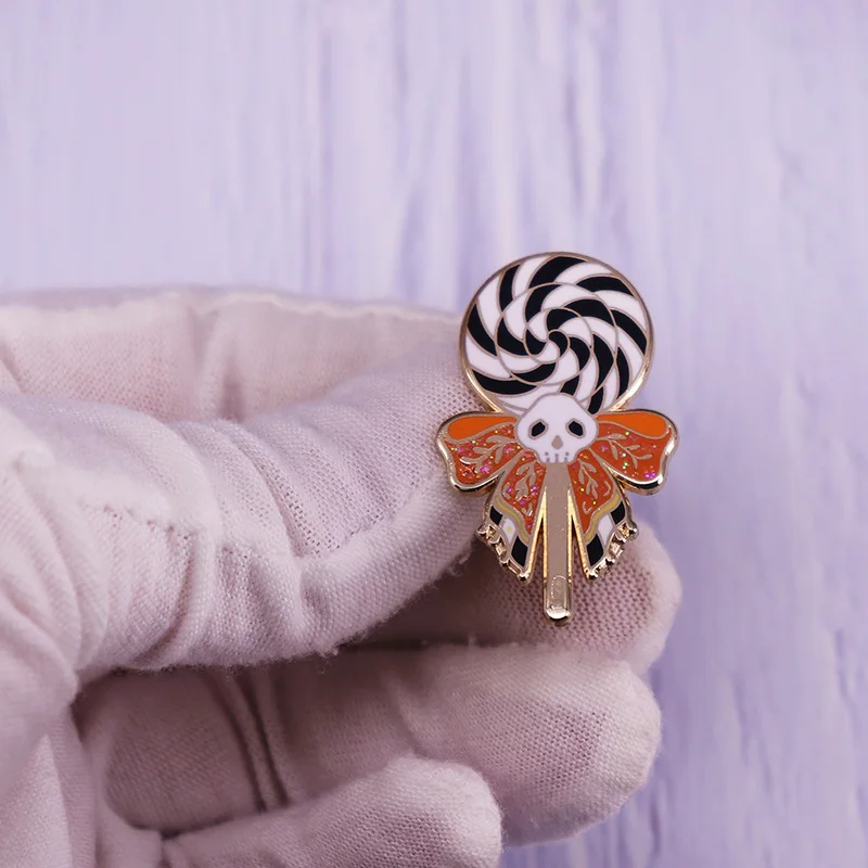 Skull Lollipop Enamel Pin Halloween Candy Brooch Glitter Spooky Lolly Lollipops Sugar Sucker Jewelry Accessories