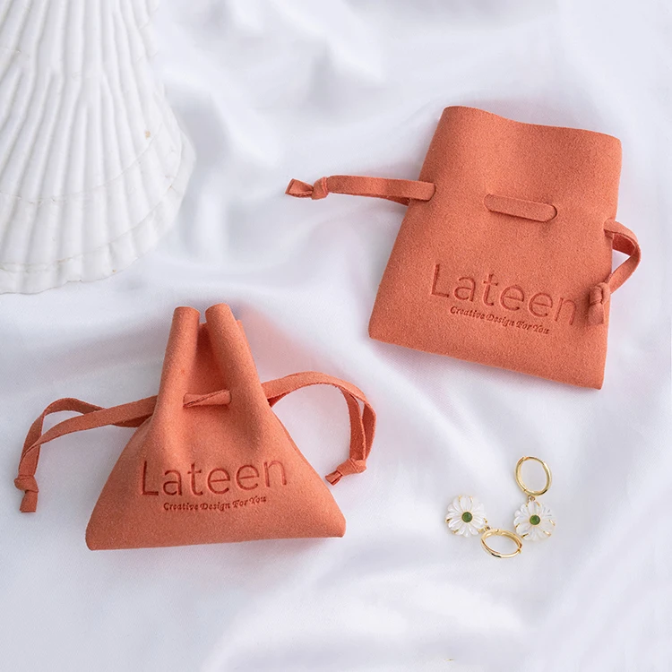 Ivory Microfiber Jewellery Packaging Bag Earrings Custom Logo Hot Stamped Suede Small Drawstring Jewelry Pouch with Logo