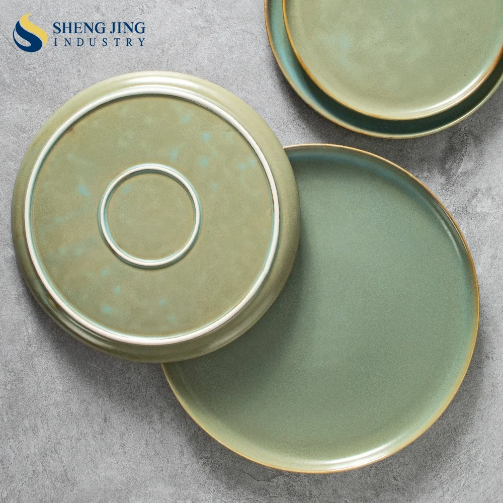 Nordic Green Ceramic Glaze Hotel Porcelain Round Dishes & Plates Restaurant Pottery Dinner Steak Plato Serving Flat Plate