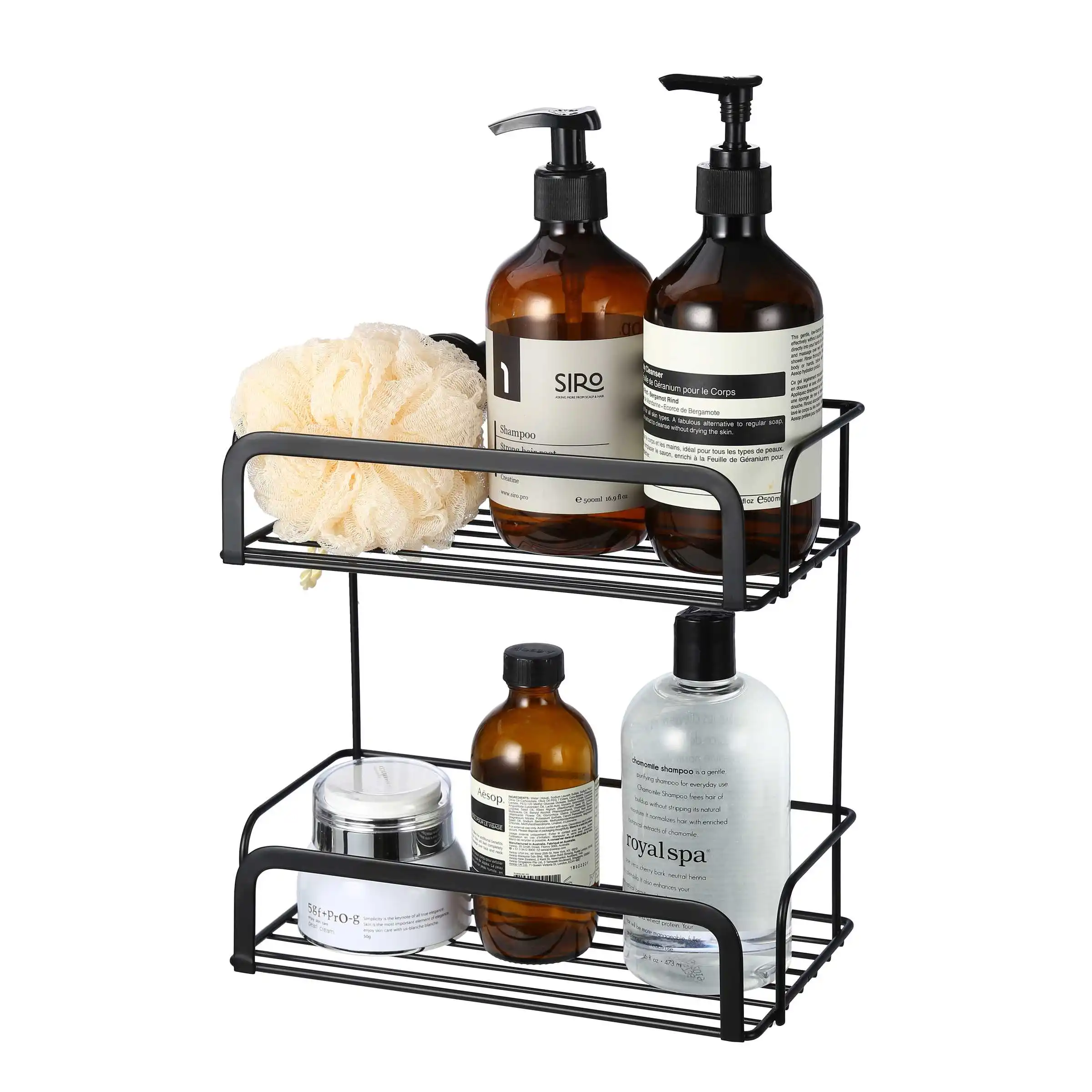 Luna Wall Mounted  Bathroom Adhesive Black Metal Organizer 2 Tier Shower Caddy Shelf