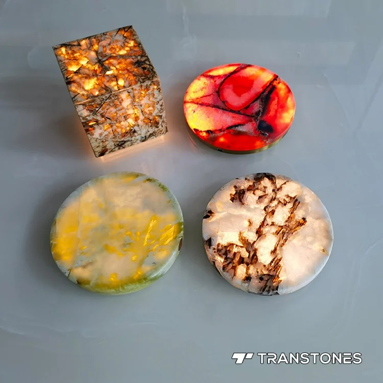 Green Onyx Jade Natural Stone Translucent Lumistone With Built-in Battery Round Coffe Table Top