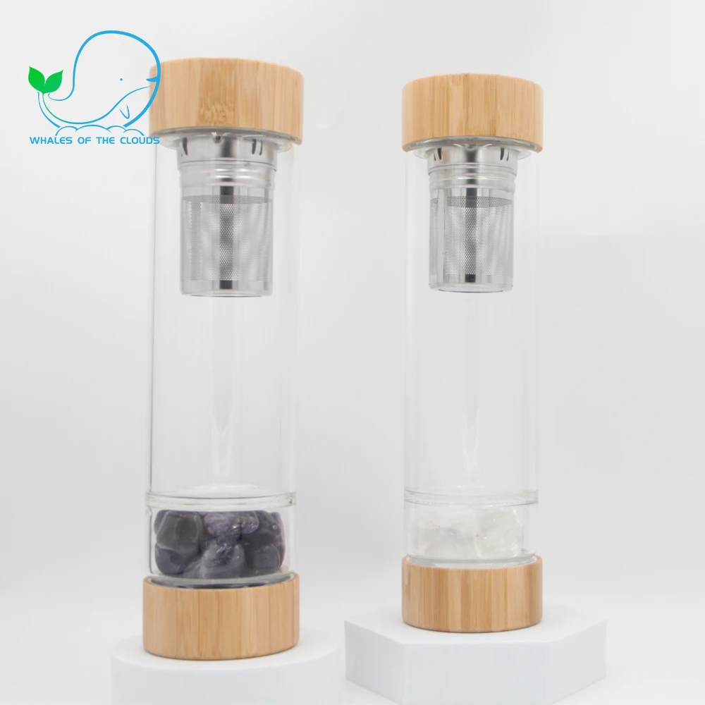 Glass Water Bottle Bamboo Lid Gemstone Water Bottle with crystal inside Natural Crystal Infused Chips