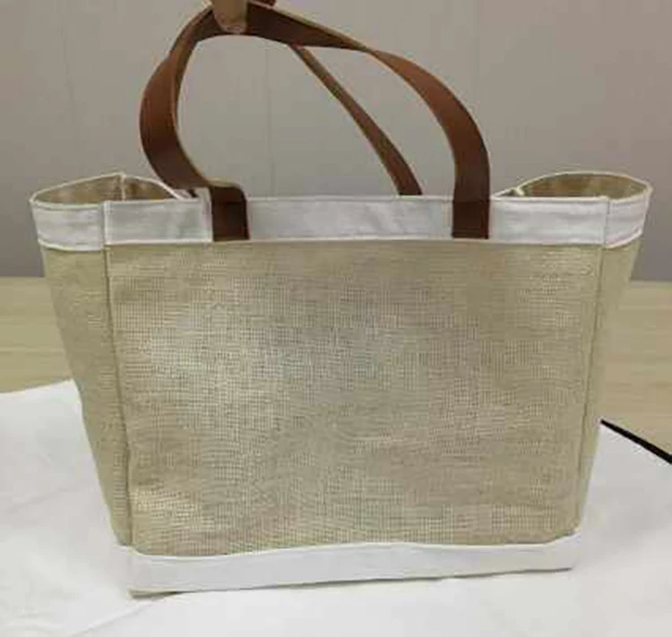 Shoulder Leather Bamboo Handle Eco Friendly Custom Plain Recycled Extra Large Bulk Wholesale Jute Beach Bag