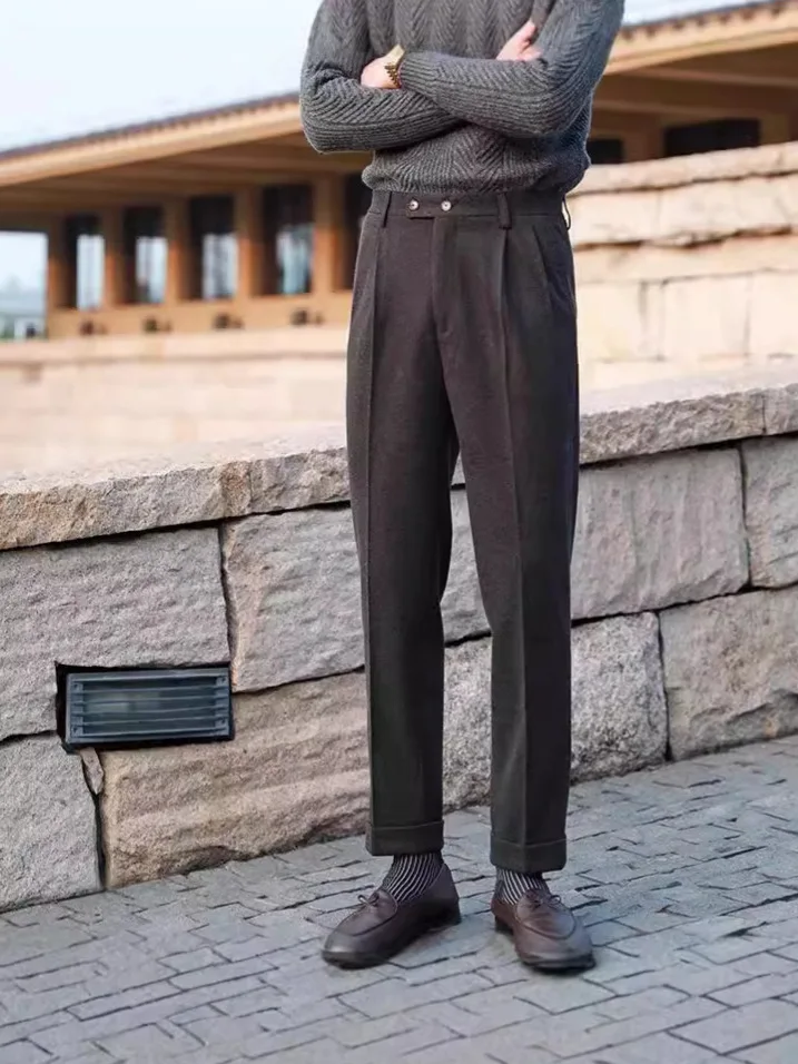 MCP054 Italian Style Mens Naples Trousers High Waist Side Buckle Pant Fitness Double Pleated Mens Business formal Pants