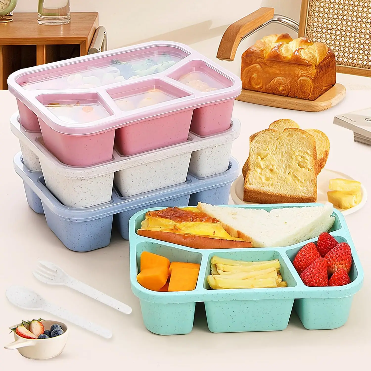 Wheat straw bento box Japanese lunch box student lunch box portable Square sealed partitioned fast food box for work