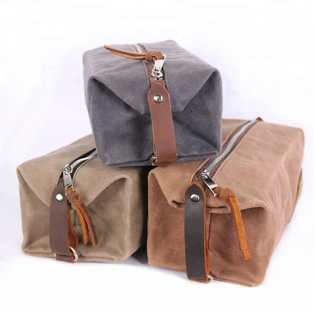 Custom High quality luxury men travel waxed canvas toiletry bag vintage cosmetic leather zipper pouch wash bag