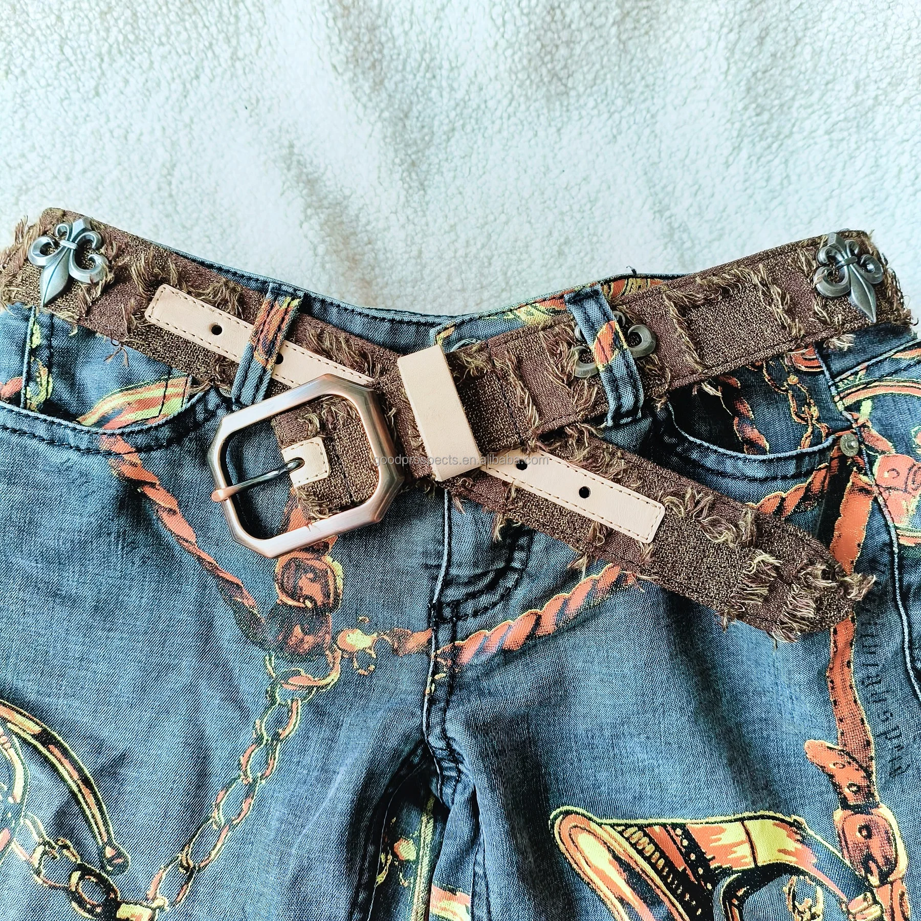 Western style canvas fabric with cowhide leather belt for men metal style Cowboy style zinc alloy buckle