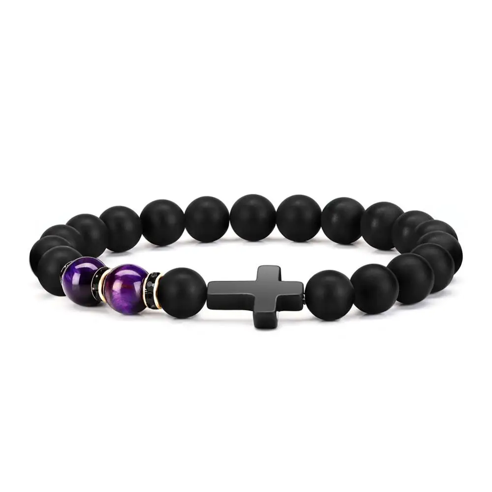 Fashion Men Women Jewelry Black Gemstone Cross High Quality Natural Matte Onyx Colorful Tiger Eye Beads Bracelets