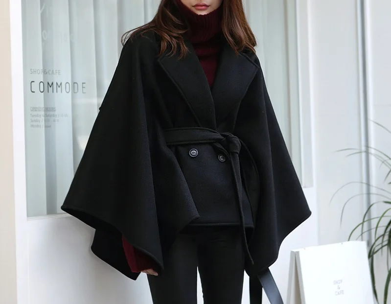 Classic Notch Lapel Woolen  Ladies Jacket Lace Up Belt Bandage Half Sleeves Outwear