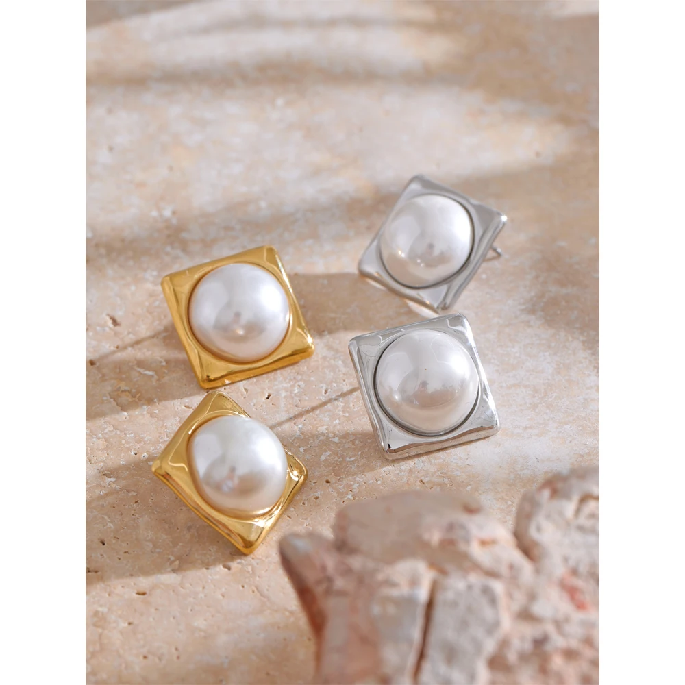 JINYOU 4381 Fashion High-grade Simulated Pearls Ear Studs Trendy Stainless Steel Square Stud Earrings for Women Accessories Gift