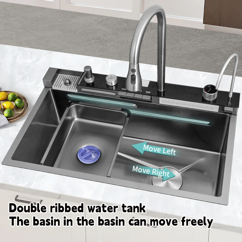 Luxury Countertop Smart Digital Kitchen Sink Waterfall Multifunctional Kitchen Sink Set 304 Stainless Steel