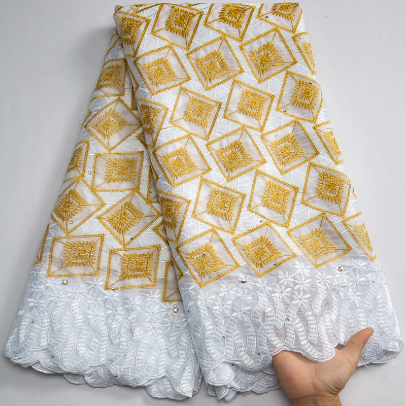 3614 Wholesale Various Designs White and Gold African Cotton Lace with Rhinestones Swiss Voile Lace Fabric For Women Dresses