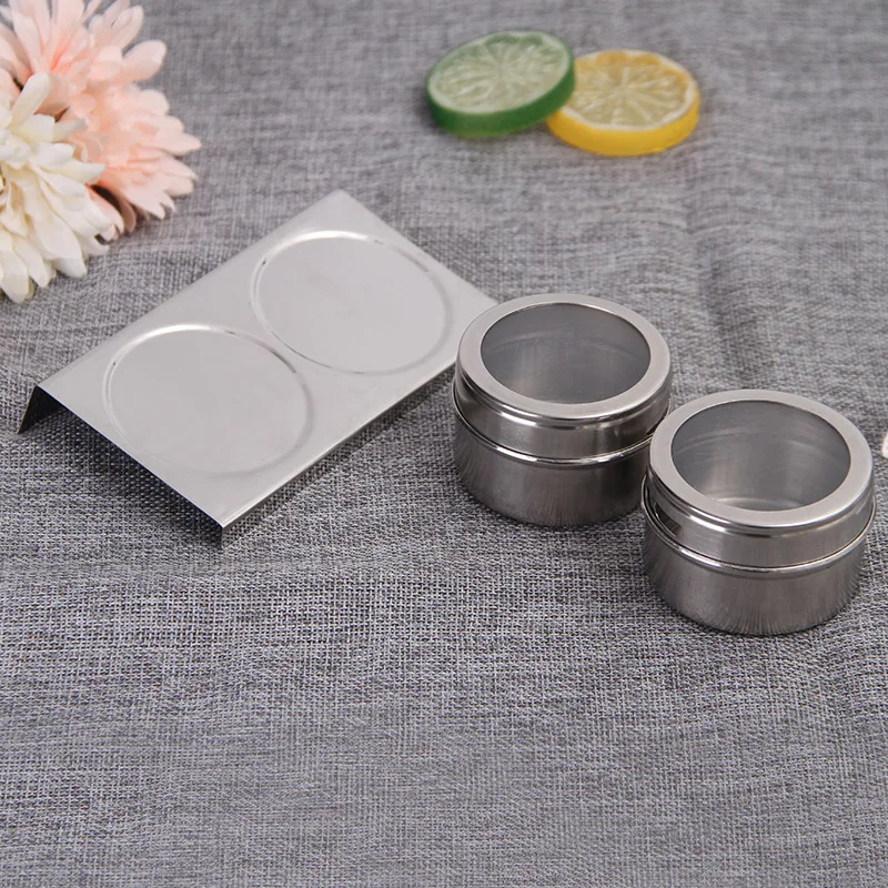 2pcs Kitchen Tool Metal Round Stainless Steel Magnetic Refrigerator Spice Seasoning Container Jar Tins Set Rack With Magnet Jars