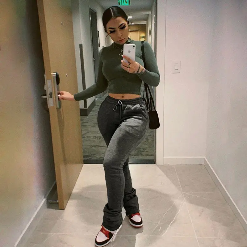 
huasong Stacked Pants With Solid Color Women Stacked Bottom Ladies Solid Color Stacked Leggings Women Sweatpants With Drawstring 