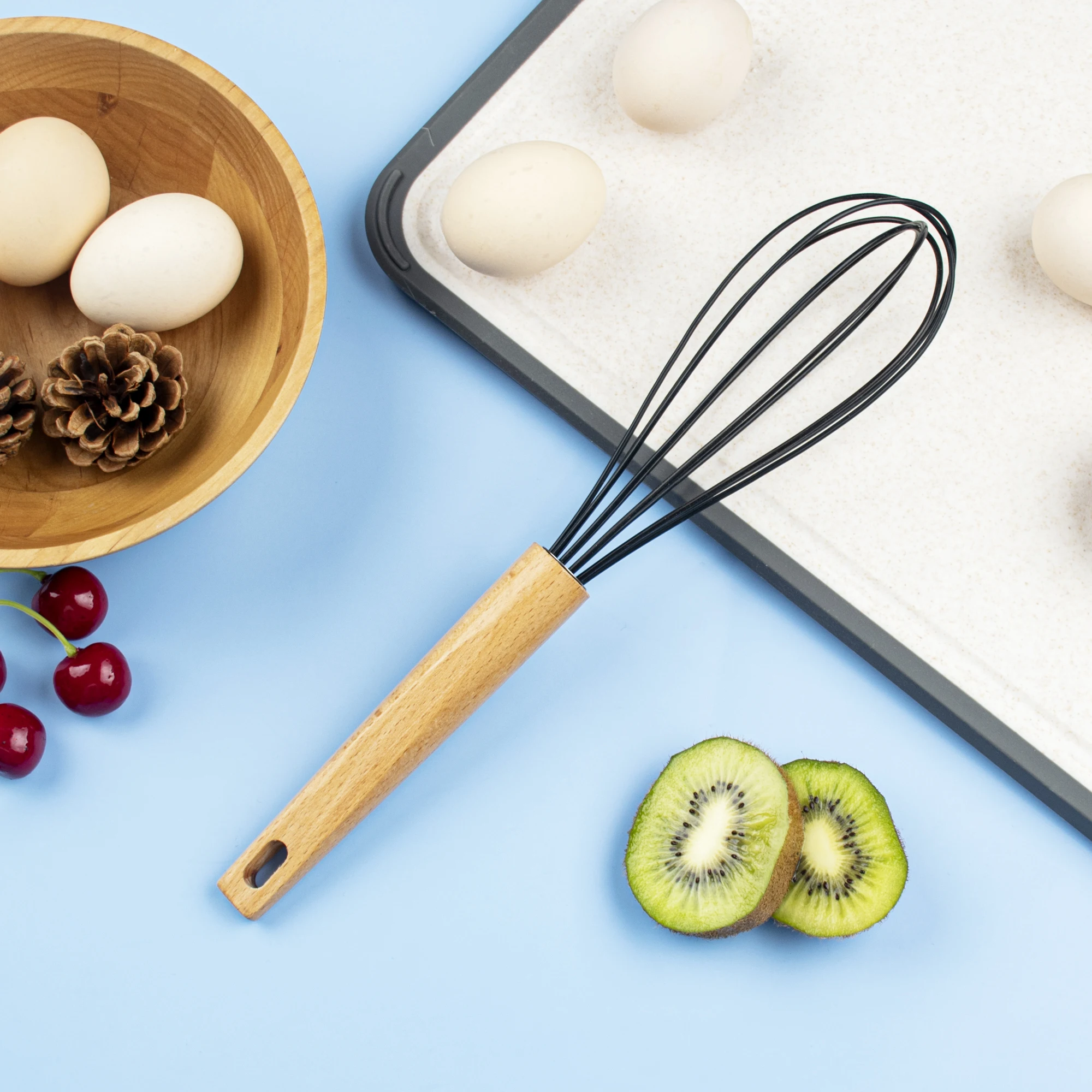 Wholesale premium quality durable kitchen tools stainless steel egg beater with wooden handle