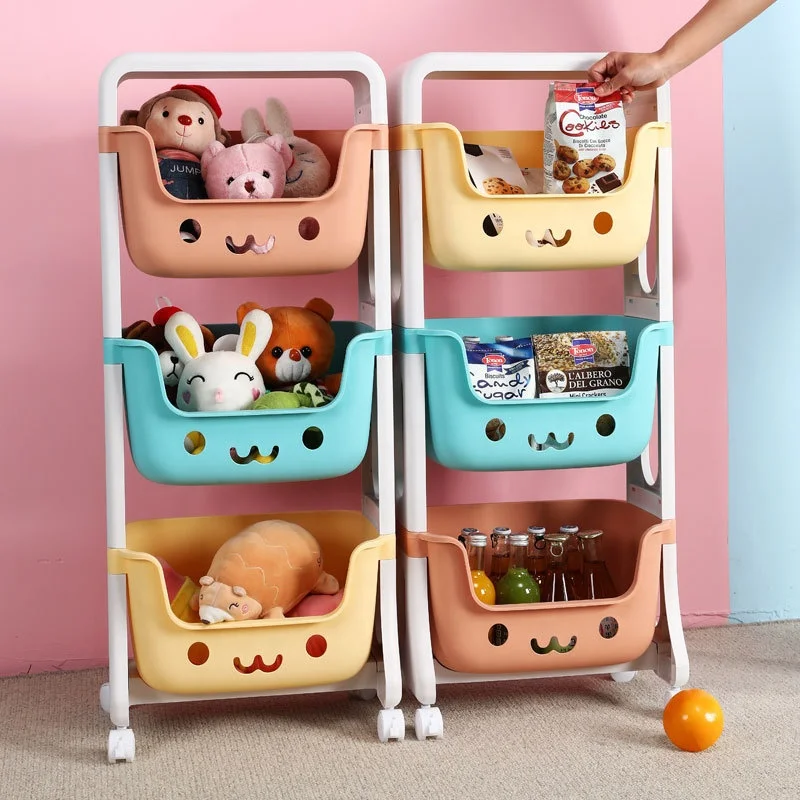 
Plastic Kids Toy Storage Rack With Wheels Stackable Sliding Plastic Cartoon Toy Storage Rack For Organizer Toy Snacks 