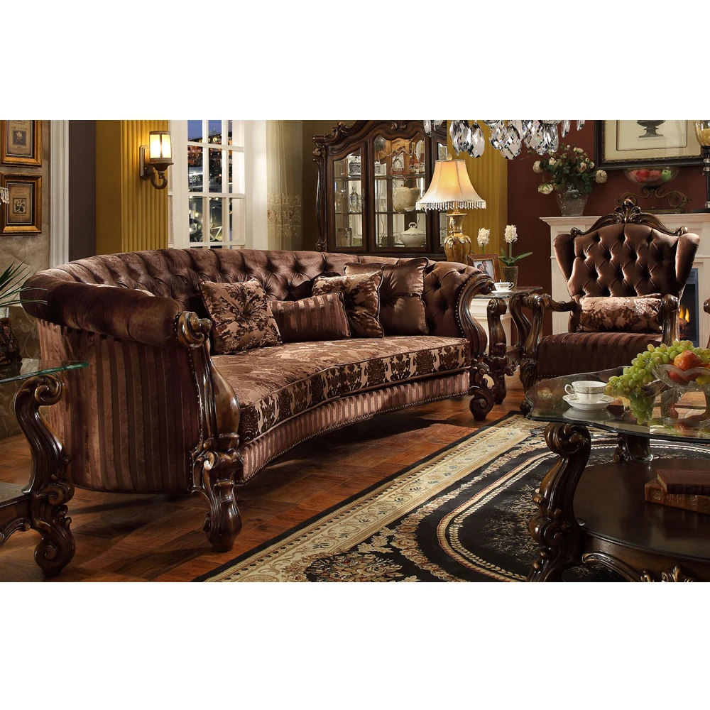 Luxury royal gold carved wood frame real leather antique living room sofa