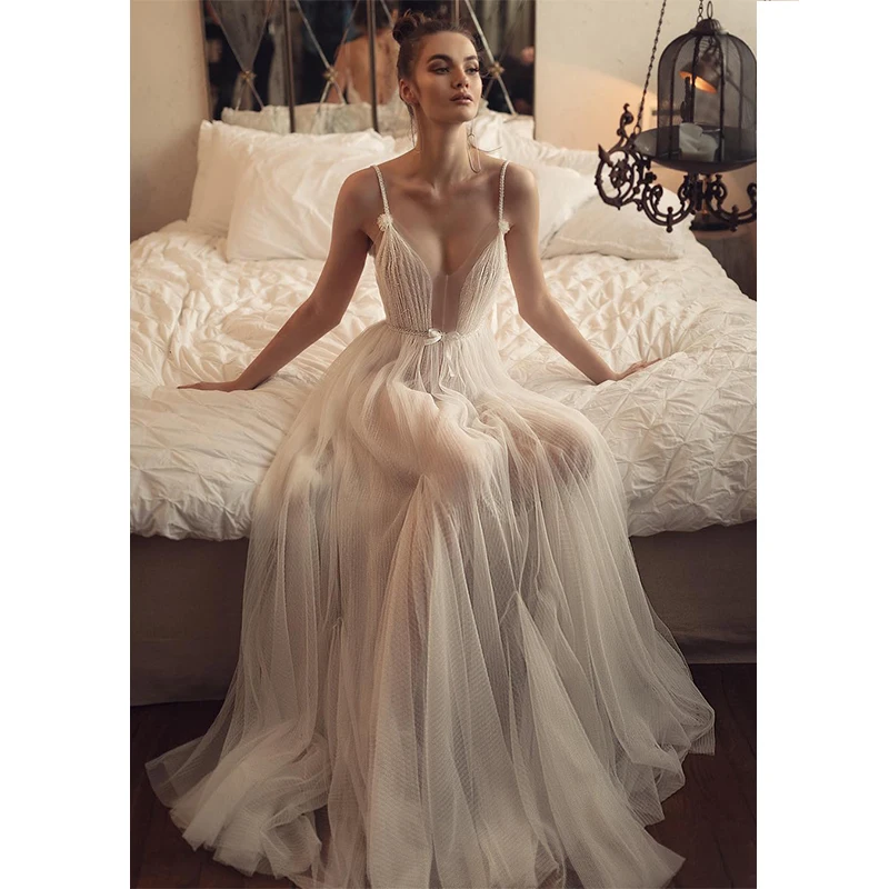 Crystal beaded Soft Tulle A-line V-Neck Sweep Train Beauty Open boho beach wedding dresses Bohemia Bride Dress