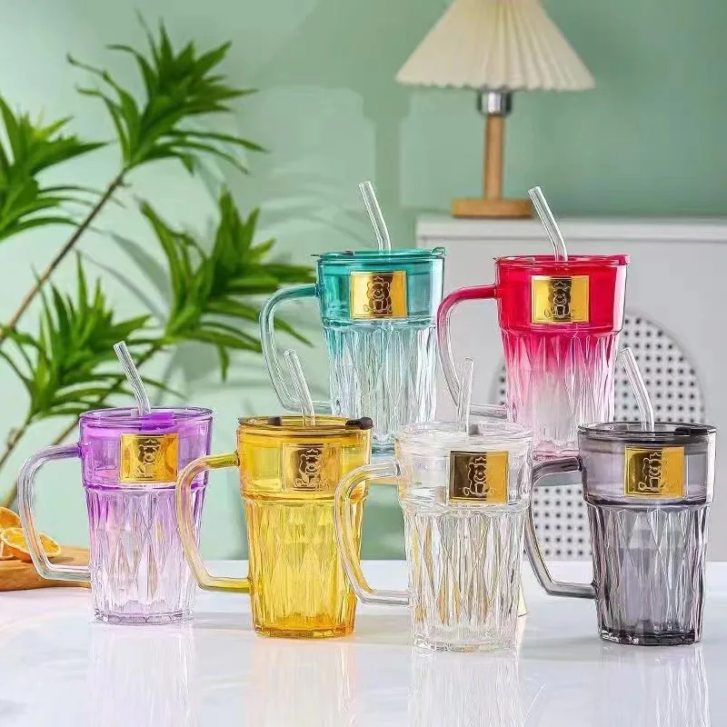 420ml Gradient Change Color Leakproof Juice Drinking Cups Bear Diamond Bamboo Cup Mug with Straw