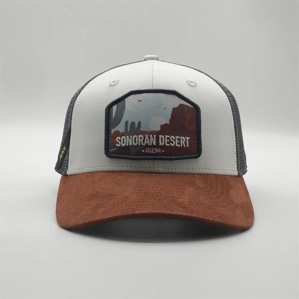 High Quality Mens Printed Embroidery Patch Suede 6 Panel Structured Mesh Trucker Hat Custom