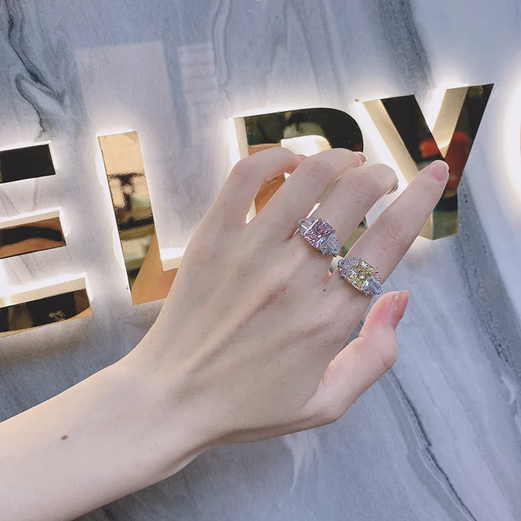 Luxury Radiant Cut Big Lab Grown Yellow Gemstone  Wedding Ring Zircon Platinum Plated 925 Sterling Silver Ring Women