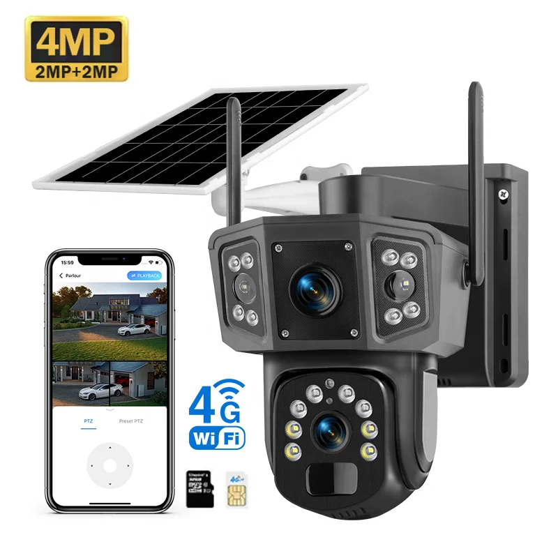 Full Color Night Vision Wireless 4MP Security CCTV Camera Built-in 8000mAh Battery Dual Screen 4G Solar Camera