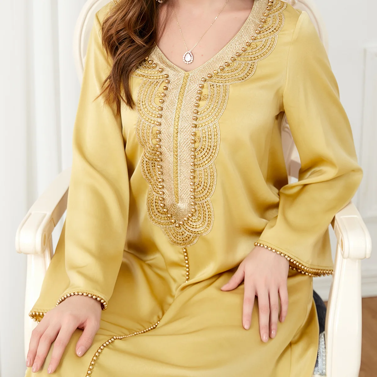 3287Soild O Neck Abaya Women Gold Colours Embroidery Luxury Muslim Dresses Classic Muslim Dress Indonesia