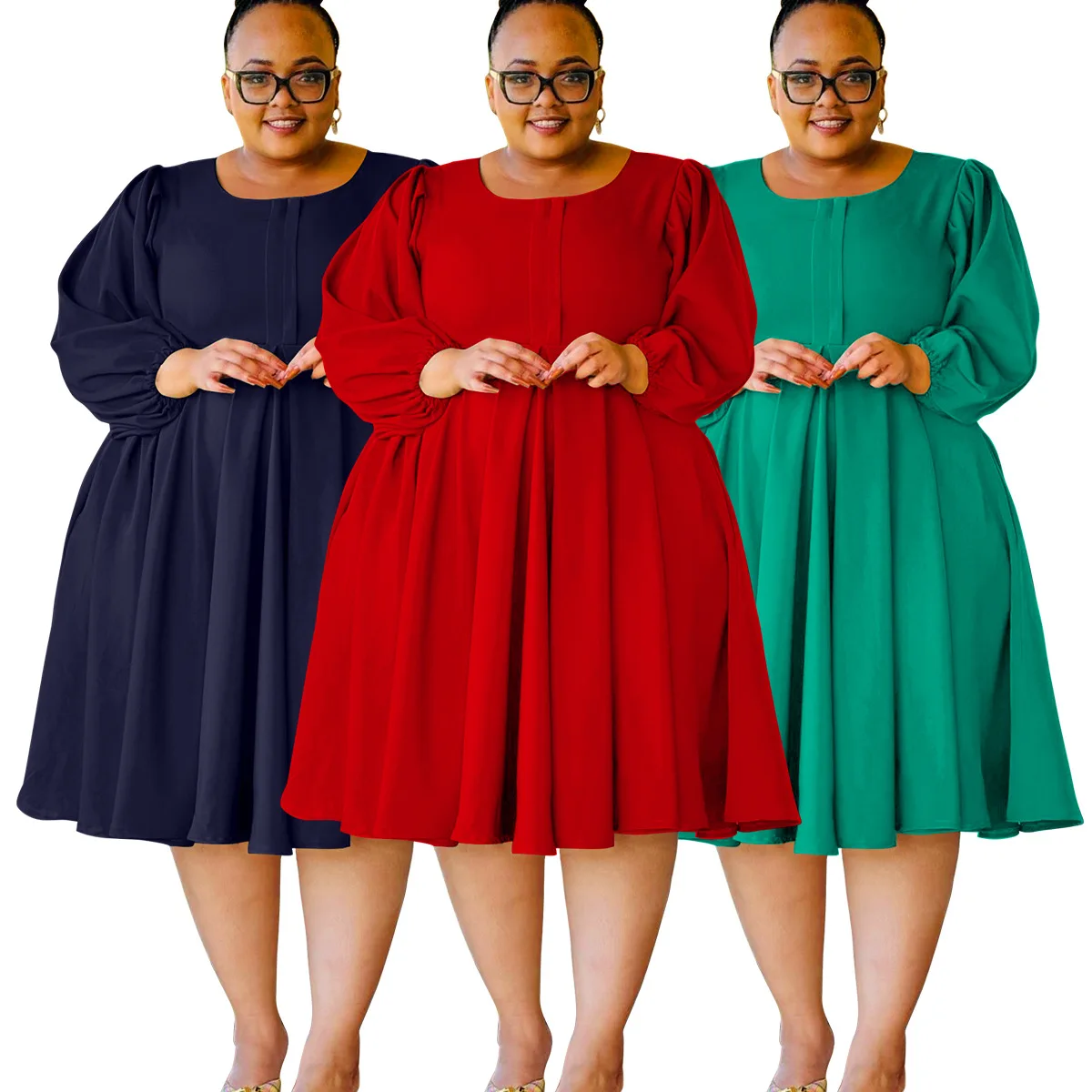 popular plus size women fall winter clothing Fashionable casual solid color big swing  puff sleeve loose dress