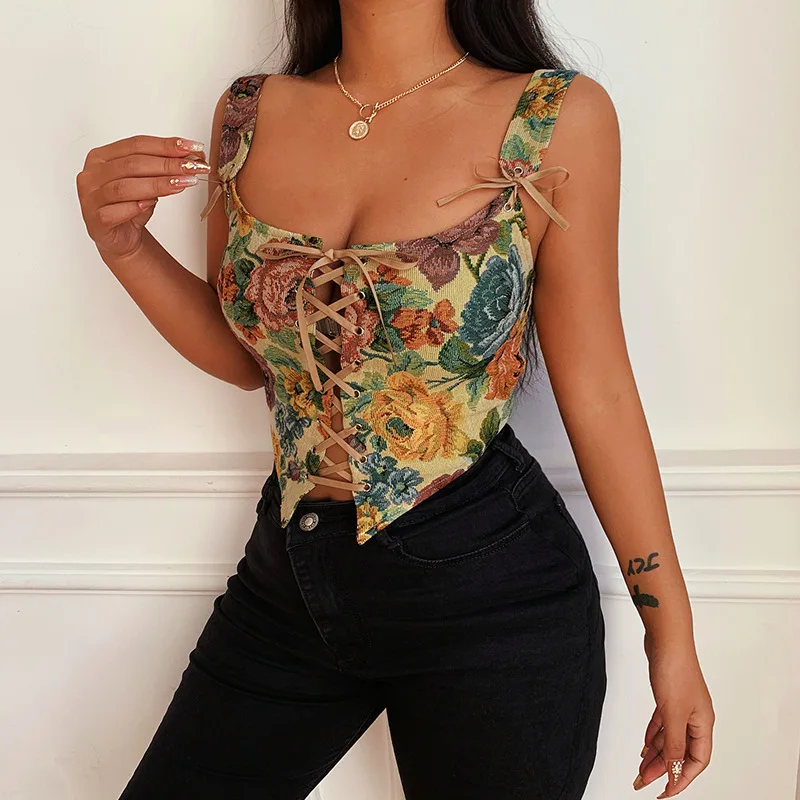 New Aliexpress Halter Tops Vintage Embroidery Corset With Midriff Vest For Street Wear