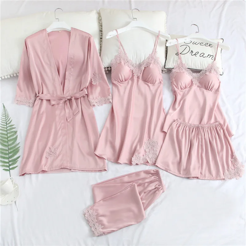 ladies New 5 Five Piece Pajamas Silk Pajamas Suspender Skirt Pajamas for Women Home Service sleepwear set