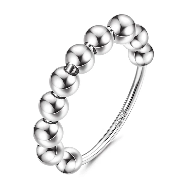 New arrival trending spinner anxiety jewelry anillo women finger ring 925 sterling silver rotatable beads anxiety fidget ring