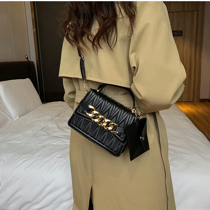 Wholesale Custom Fashion 2 In 1 Chain Female Mini Purse and Tote Bag Black Lady Handbag Women Bag Sets