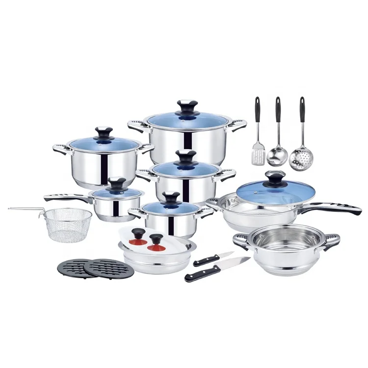 Blue Glass Lis Wide Edge Big Soup Cooking Pot Saucepan Frying Pan Stainless Steel Cookware Set With Knife and Utensil