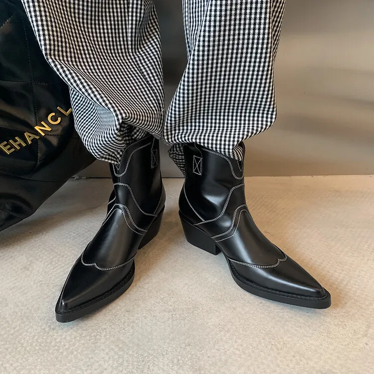 Cialisa White Autumn Winter Genuine Leather Designer Shoes Women Pointed Toe Chunky Mid Heels Ankle Boots Western Cowboy Boot