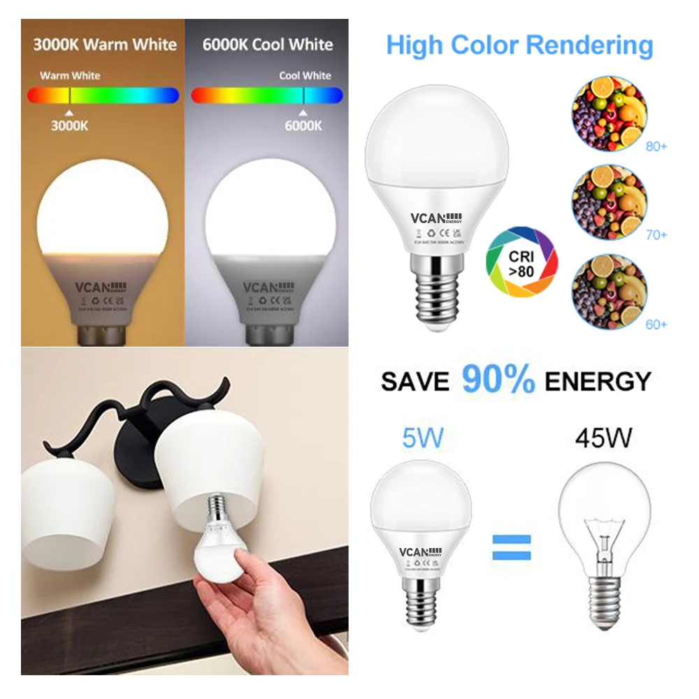 VCAN E14 Bulb 5W Warm White 3000K 450LM Large Edison Screw in Light Bulbs Non Dimmable G45 Golf Ball Energy Saving LED Bulb