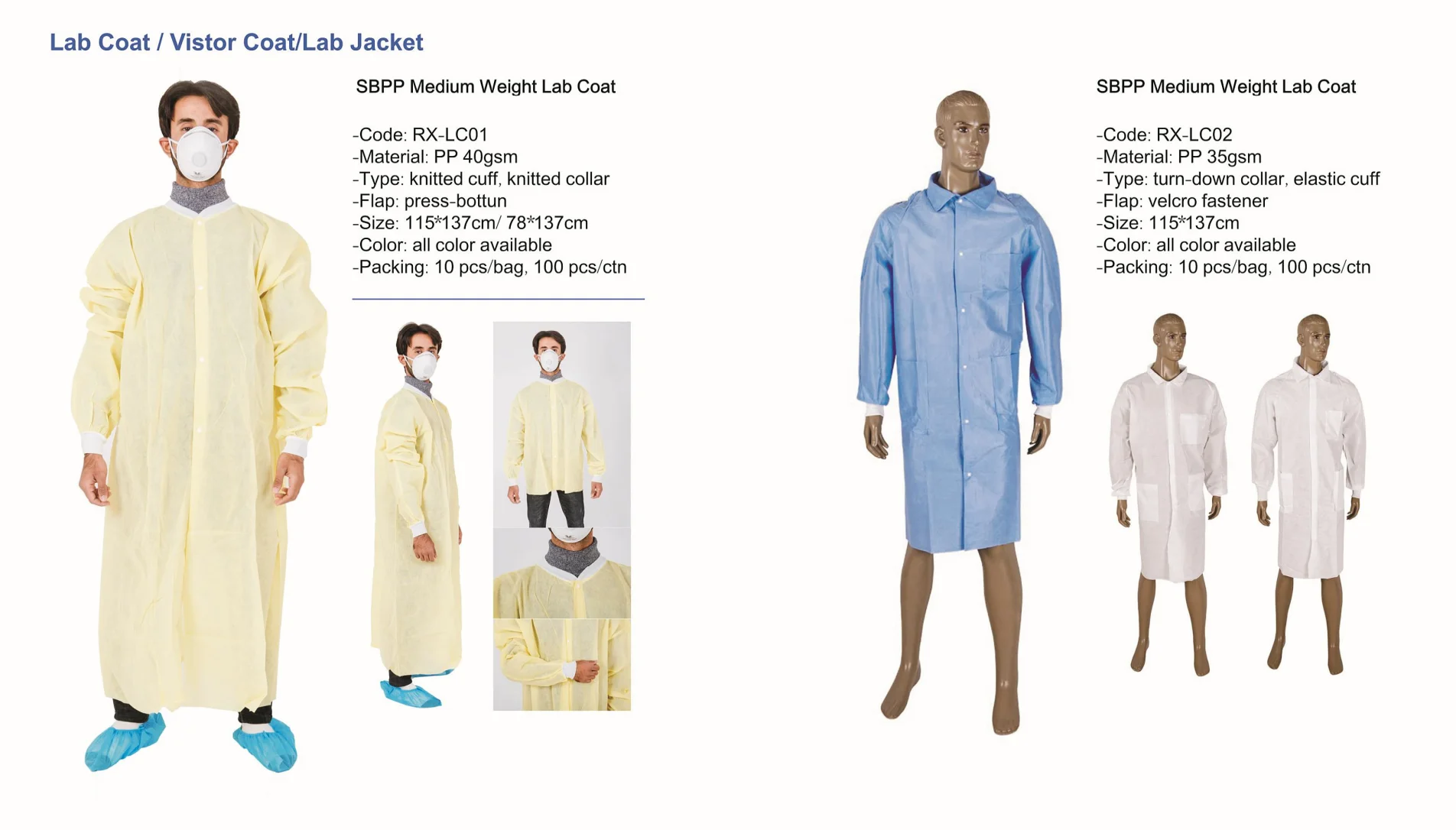 Disposable lab jacket with knitted cuffs and collar PP visitor lab coat hospital shirts
