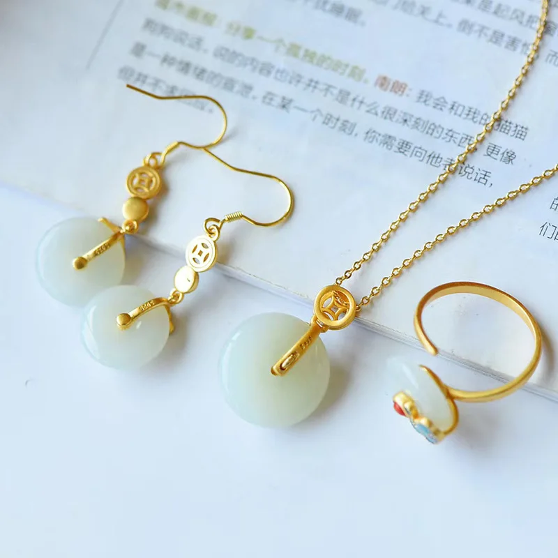 Retro 18k gold plated enamel cloud inlaid Hetian jade hoop earrings necklace ring jewelry set