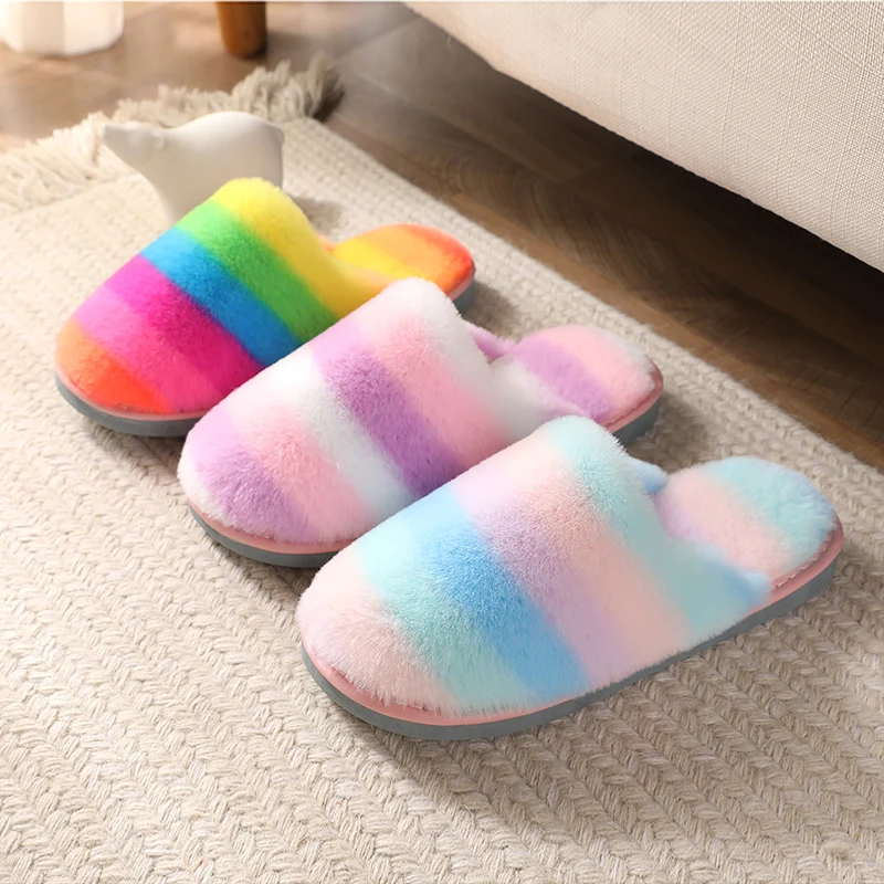 Fashion new cute mixed colorful children rabbit fur plash child home bedroom children slippers