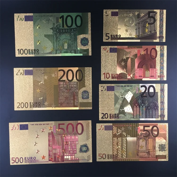 XR 7pcs/set Euro  banknotes 7 pieces 24k silver foil 5, 10, 20, 50, 100, 200, 500 EUROS  bills for Kids Educational