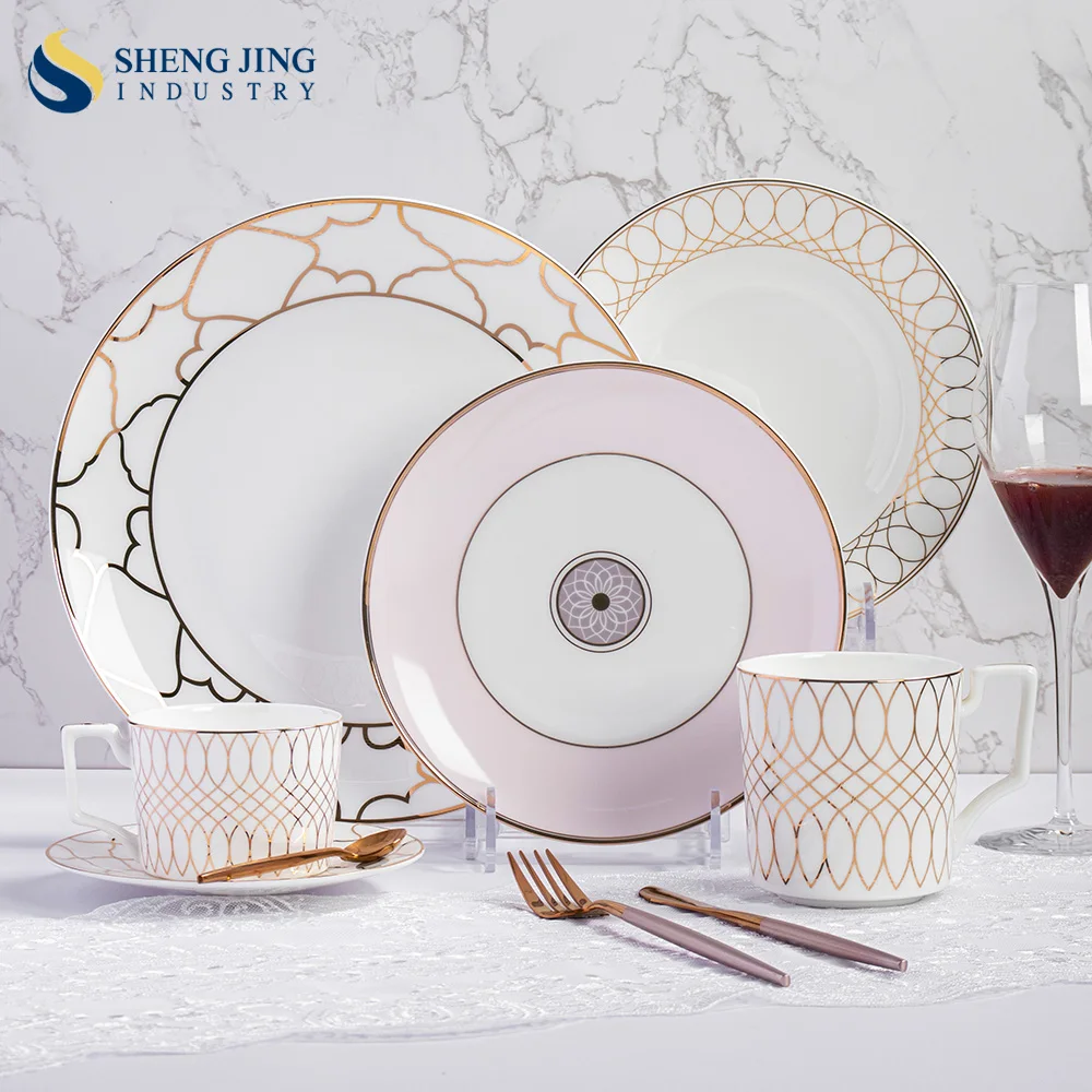 Wedding Wholesale Luxury Pink Gold Bone China Tableware Set Restaurant Gold Plate Coffee Cup Saucer Ceramic Mug Dinnerware Set